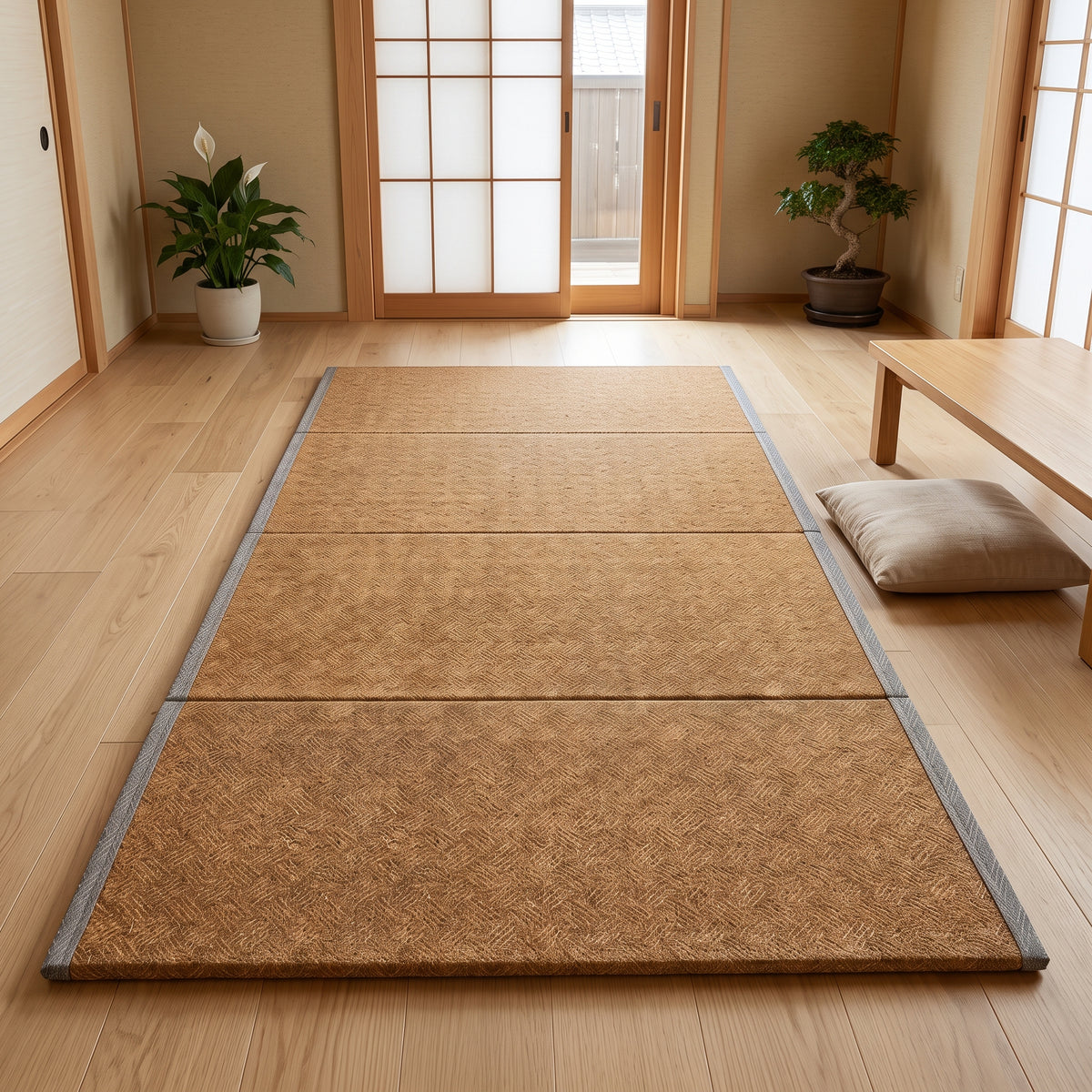 Tatami coco déplié au sol dans une pièce