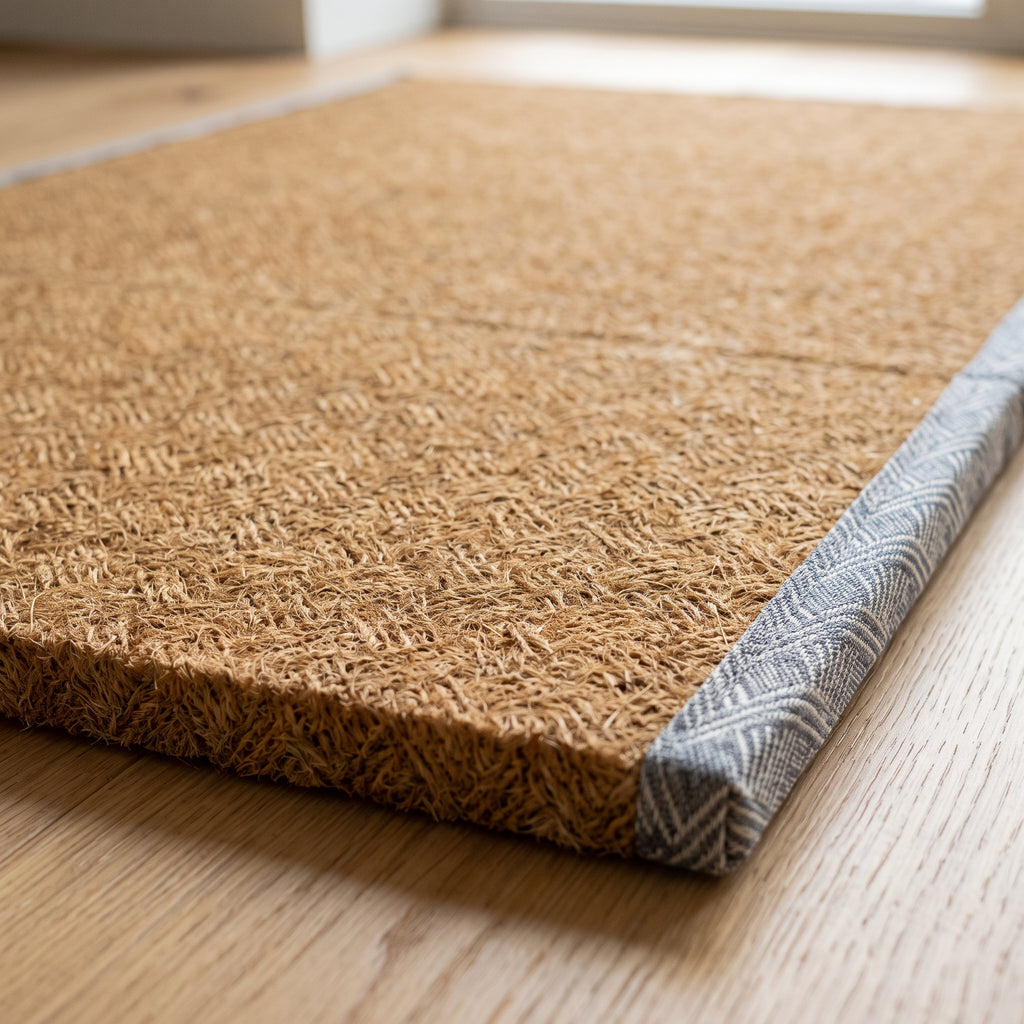 Tatami en fibre de coco, détail de la surface et de la bordure grise