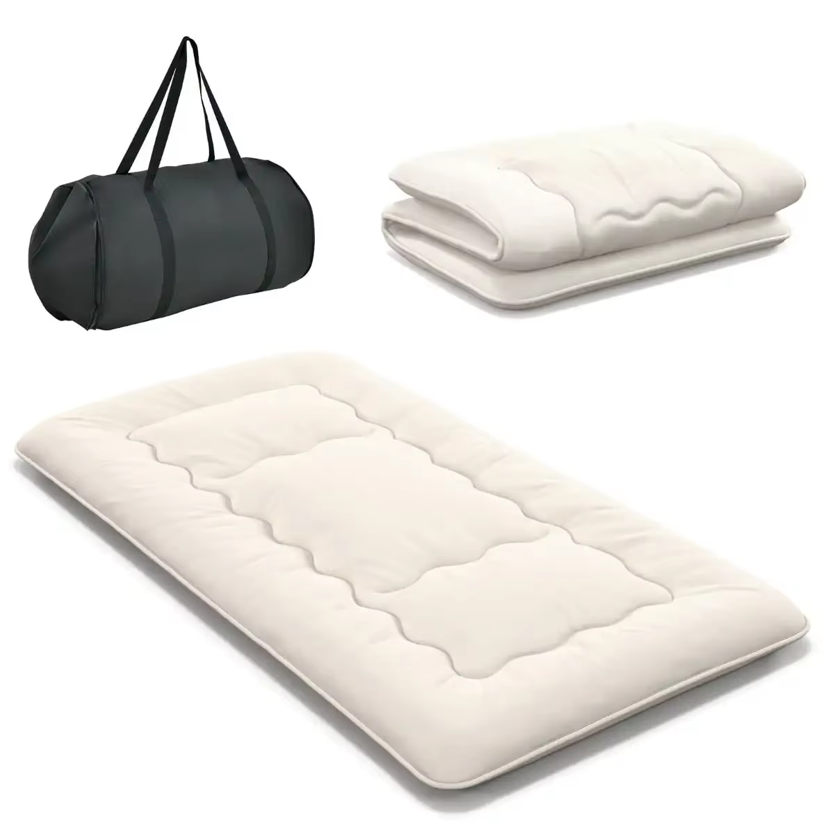 Futon de voyage pliable blanc plié en trois avec son sac de transport
